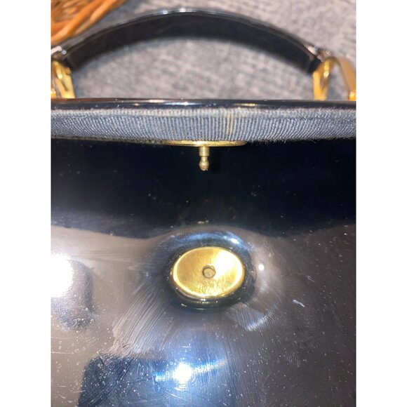 Vintage Black Patent Leather Handbag  Gold Tone Handle Hardware Classic USA - Picture 13 of 16